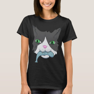 Cartoon Cat Proudly Holding Its Blue Fish Catch T-Shirt
