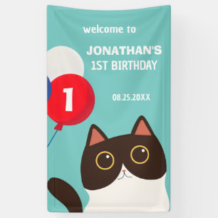 Cartoon Cat Rainbow Balloon Kids Birthday Welcome Banner