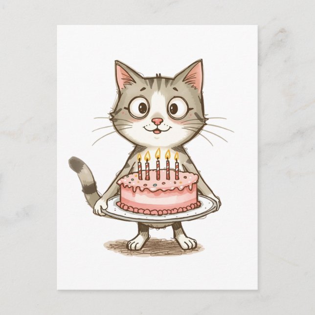 Cartoon cat with birthday cake postcard (Front)