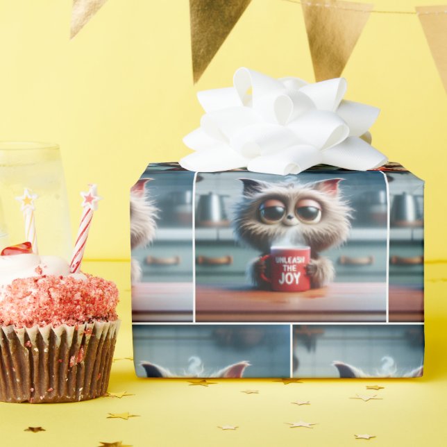 Cartoon Cat With Humourous Text On a Coffee Mug Wrapping Paper (Birthday Party)