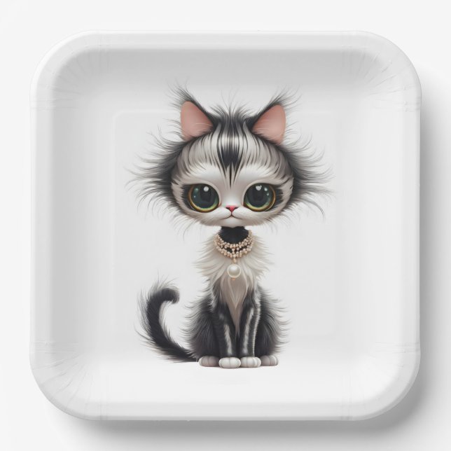 Cartoon Cat With Pearl Necklace  Paper Plate (Front)