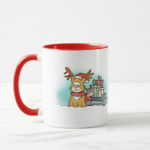 Cartoon Cat with Reindeer Hat and Sleigh Christmas Mug