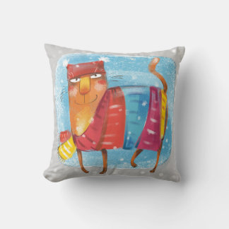 Cartoon cat, wrapped up warm in winter snow scene throw pillow