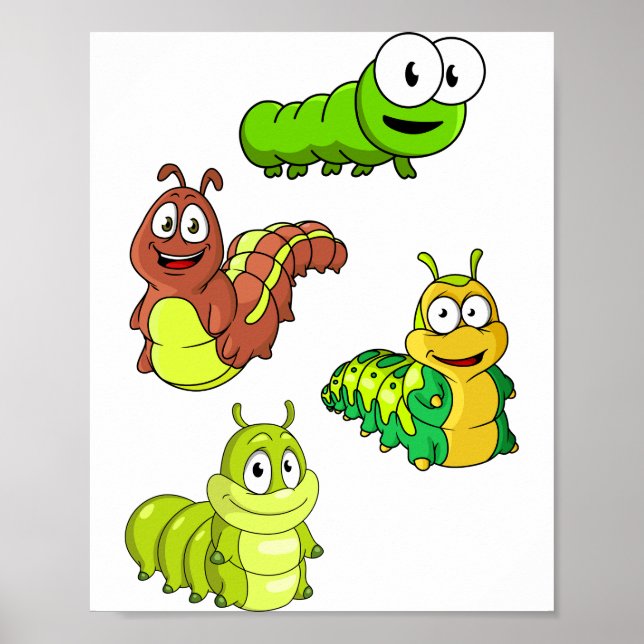 Cartoon Caterpillars Green Yellow Brown Poster (Front)