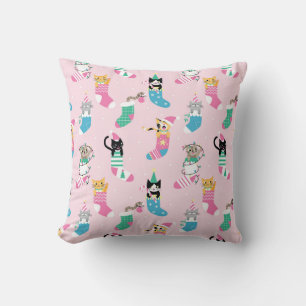 Cartoon Cats Christmas Seamless Pattern Throw Pillow