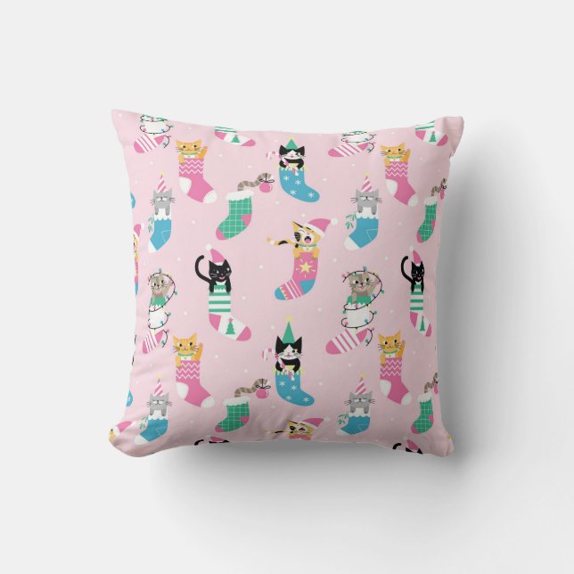 Cartoon Cats Christmas Seamless Pattern Throw Pillow (Front)