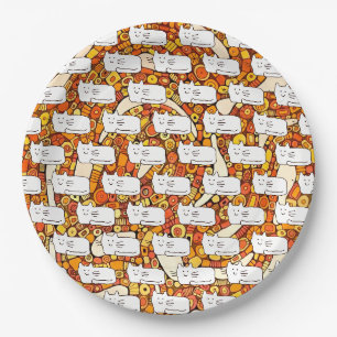 Cartoon Cats Doodle Line Drawing Paper Plate