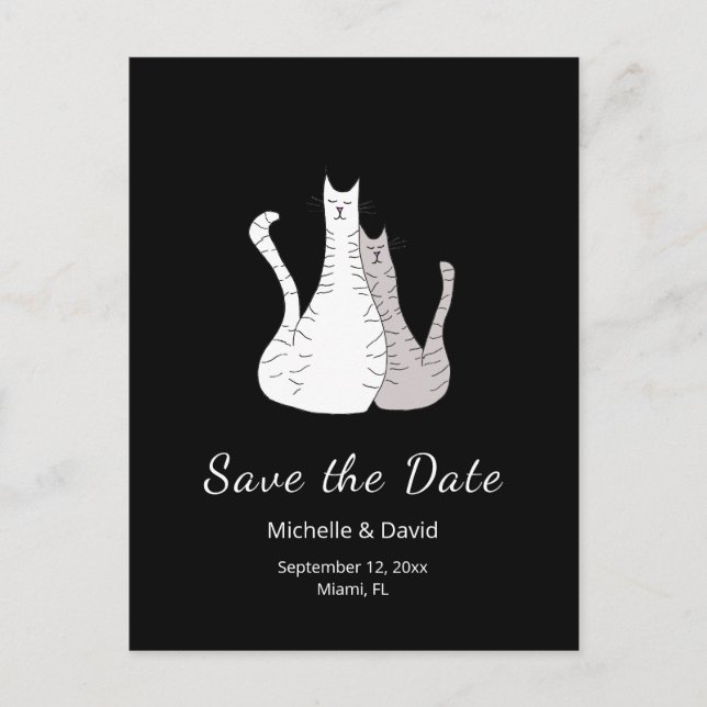Cartoon Cats Drawing Wedding Save the Date Black   Announcement Postcard (Front)
