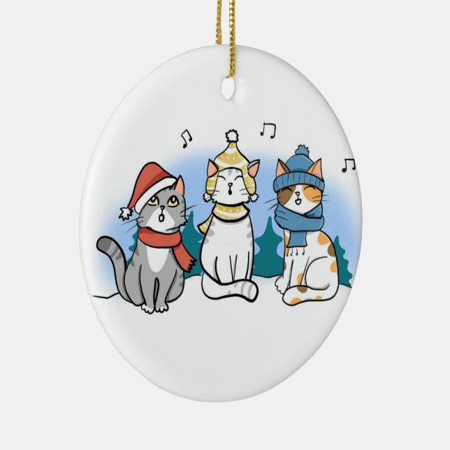 Cartoon Cats Singing a Cheerful Christmas Carol Ceramic Ornament (Right)