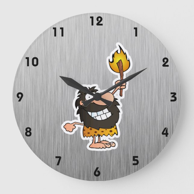 Cartoon Caveman; Metal-look Large Clock (Front)