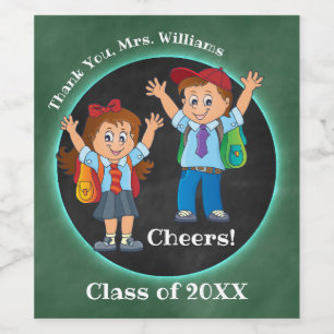 Cartoon Chalkboard Teacher Thank You Wine Label
