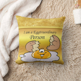 cartoon character fried egg with big smile throw pillow