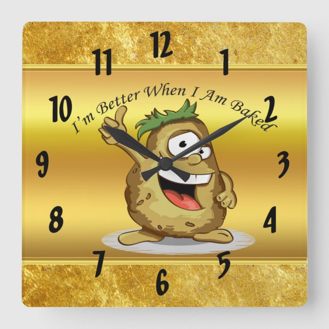 Cartoon character potato with green hair square wall clock (Front)