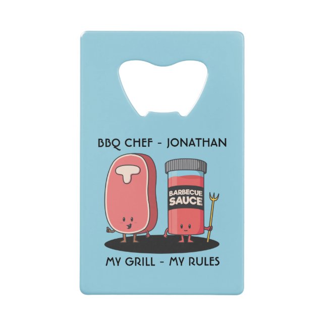 Cartoon Characters Steak & Sauce Custom BBQ Chef Credit Card Bottle Opener (Front)