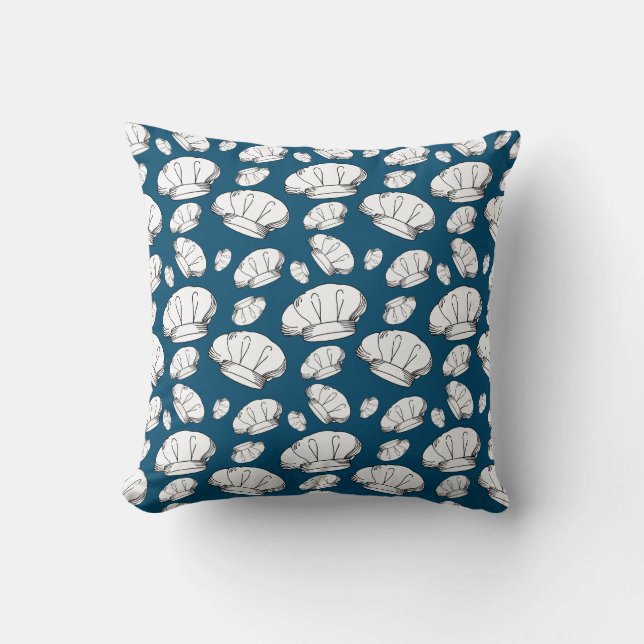 Cartoon Chef Hats Blue and White Patterned Throw Pillow (Front)