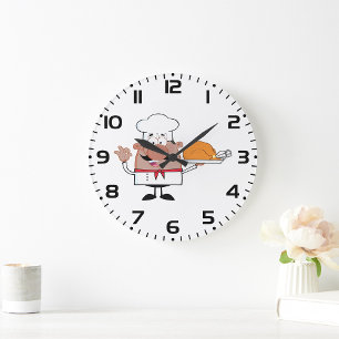 Cartoon Chef Holding Roast Turkey Large Clock