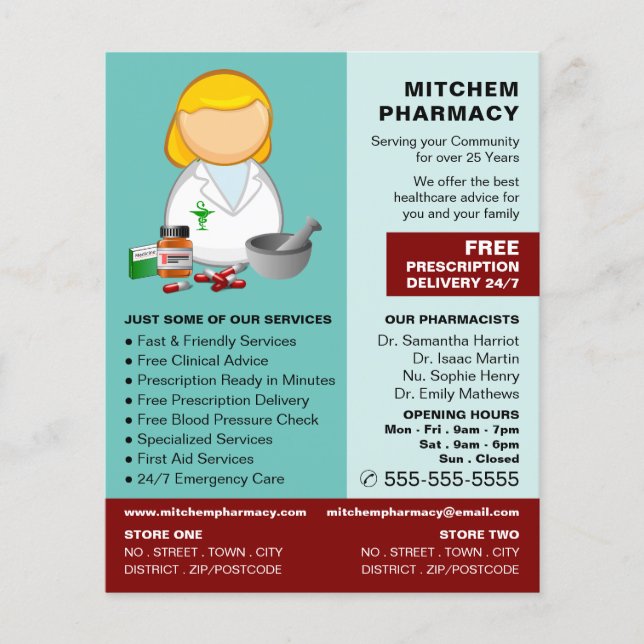 Cartoon Chemist, Pharmacy, Pharmacists Advertising Flyer (Front)