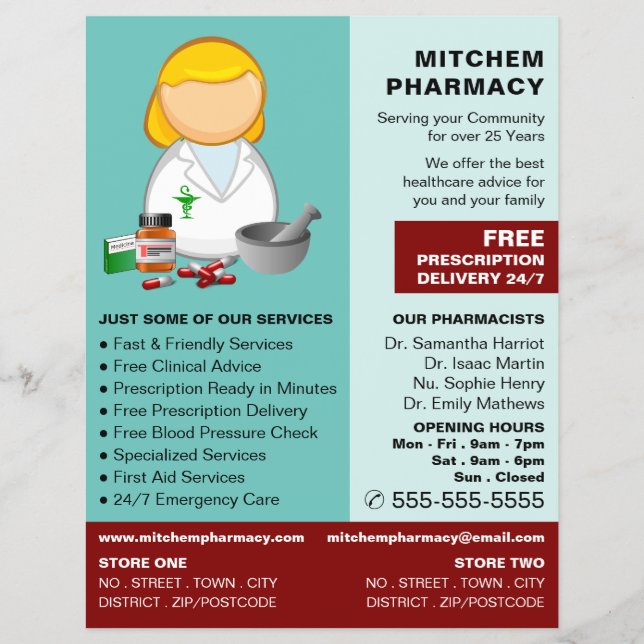 Cartoon Chemist, Pharmacy, Pharmacists Advertising Flyer (Front)