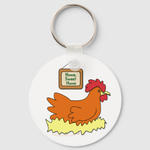 Cartoon Chicken in Nest Home Sweet Home Keychain