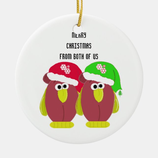 Cartoon Chickens in Santa Hats Ceramic Ornament (Front)