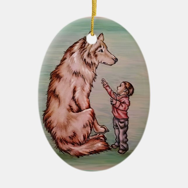 Cartoon Child with Wolf Drawing Ceramic Ornament (Front)