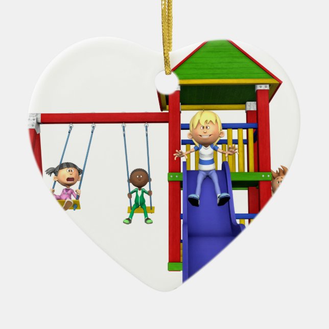 Cartoon Children at a Playground Ceramic Ornament (Front)