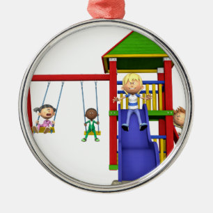 Cartoon Children at a Playground Metal Ornament