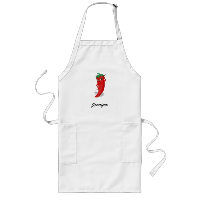 Cartoon Chili Pepper With Custom Name Long Apron (Front)