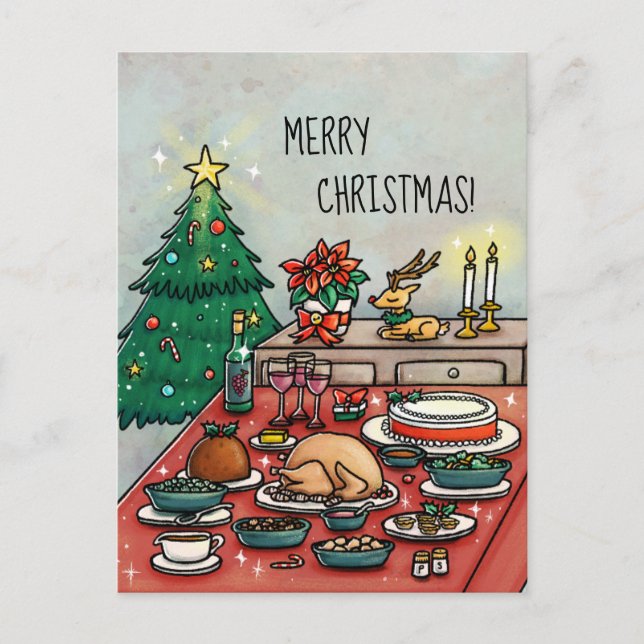 Cartoon Christmas Dinner Holiday Postcard (Front)