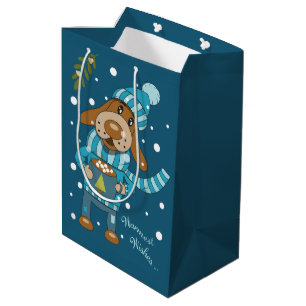 Cartoon Christmas Dog with Mug Blue Gift Bag