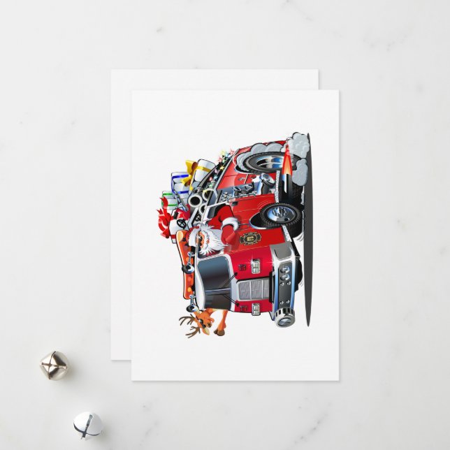 Cartoon Christmas firetruck Holiday Card (Front/Back In Situ)