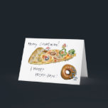 Cartoon Christmas Pizza and Doughnut Holiday Card<br><div class="desc">Have some humour with your holidays! These cartoon foods are having a pizza party to wish you "Merry Crustmas". There's dancing green peppers, a green pepper Christmas tree with a cute cartoon mushroom cap wearing a red cap. There's a pepperoni being a snow angel in the cheese and a sausage...</div>