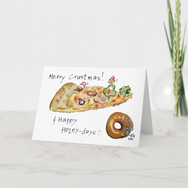 Cartoon Christmas Pizza and Doughnut Holiday Card (Front)