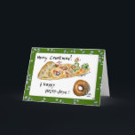 Cartoon Christmas Pizza and Doughnut Holiday Card<br><div class="desc">Have some humour with your holidays! These cartoon foods are having a pizza party to wish you "Merry Crustmas". There's dancing green peppers, a green pepper Christmas tree with a cute cartoon mushroom cap wearing a red cap. There's a pepperoni being a snow angel in the cheese and a sausage...</div>