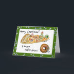 Cartoon Christmas Pizza and Doughnut Holiday Card<br><div class="desc">Have some humour with your holidays! These cartoon foods are having a pizza party to wish you "Merry Crustmas". There's dancing green peppers, a green pepper Christmas tree with a cute cartoon mushroom cap wearing a red cap. There's a pepperoni being a snow angel in the cheese and a sausage...</div>