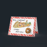 Cartoon Christmas Pizza and Doughnut Holiday Card<br><div class="desc">Have some humour with your holidays! These cartoon foods are having a pizza party to wish you "Merry Crustmas". There's dancing green peppers, a green pepper Christmas tree with a cute cartoon mushroom cap wearing a red cap. There's a pepperoni being a snow angel in the cheese and a sausage...</div>