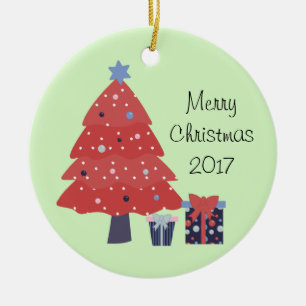 Cartoon Christmas Tree and Presents Ceramic Ornament