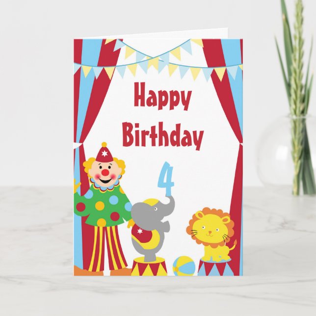 Cartoon Circus Clown and Animals Birthday Card (Front)