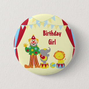Cartoon Circus Clown and Animals Birthday Girl But 2 Inch Round Button