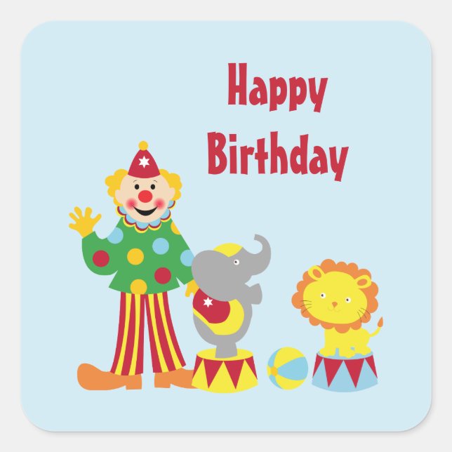 Cartoon Circus Clown and Animals Birthday Stickers (Front)