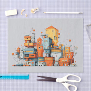 Cartoon City – Animated Urban Grey Background Tissue Paper