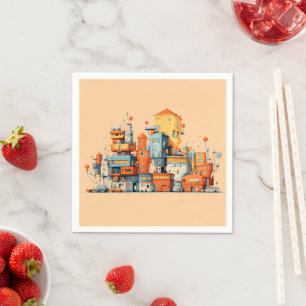 Cartoon City Colourful  Animated Peach Background  Napkin