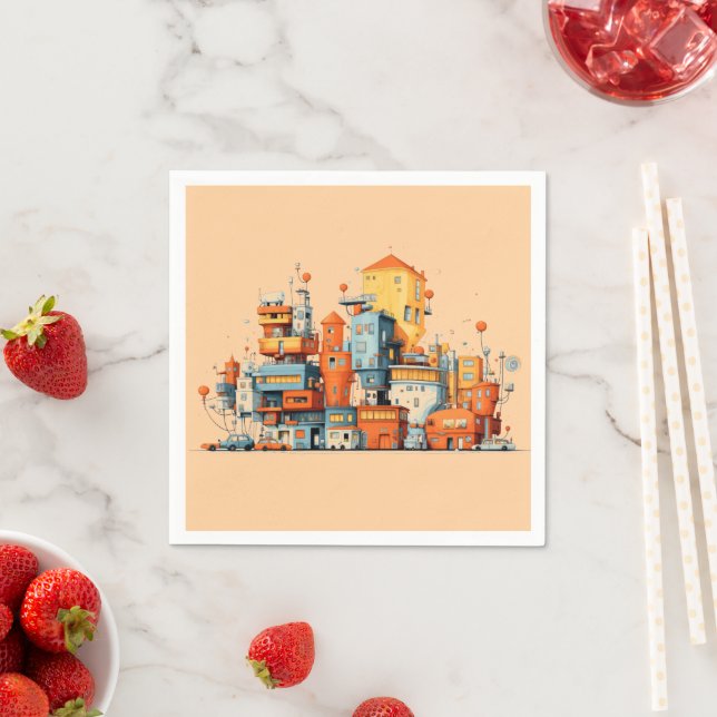 Cartoon City Colourful  Animated Peach Background  Napkin (Insitu)
