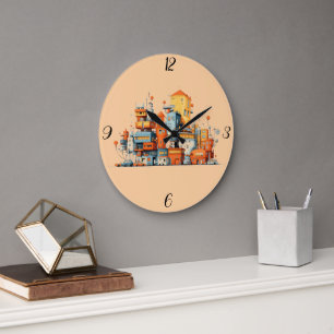 Cartoon City Colourful Urban Clock Peach Backgroun