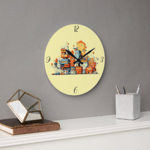 Cartoon City Colourful Urban Yellow Background Large Clock