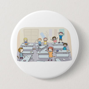 Cartoon Classroom Chaos With Wild Students 3 Inch Round Button