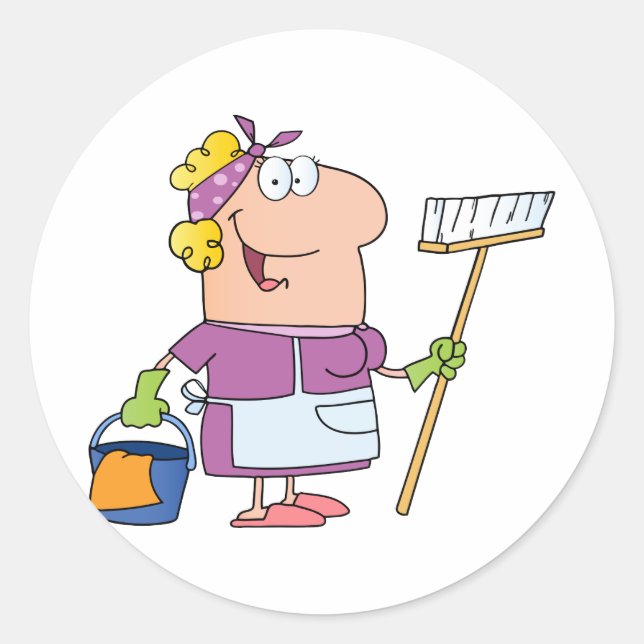 Cartoon Cleaning Lady Classic Round Sticker (Front)