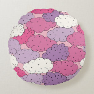 Cartoon clouds, fun vintage repeat. round pillow