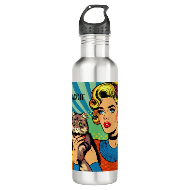 Cartoon Comic Pop Art Women and Cat  Personalized 710 Ml Water Bottle (Front)