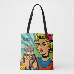 Cartoon Comic Pop Art Women and Cat  Personalized Tote Bag